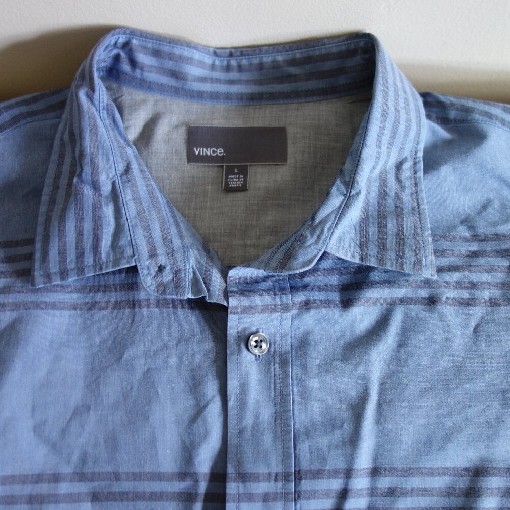 VINCE Italian Cotton Short Sleeve Blue w/ Stripes Button Shirt – Mens Large